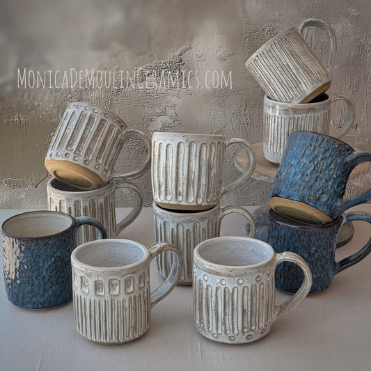 Mugs: Carved Milk Glass White